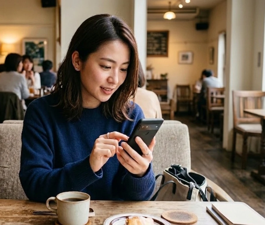 イメージ写真：カフェでスマートフォンを見ている女性